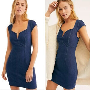 Free People Lia Stretch Denim Mini Dress Cap Sleeve Bodycon Stretch Size SP
